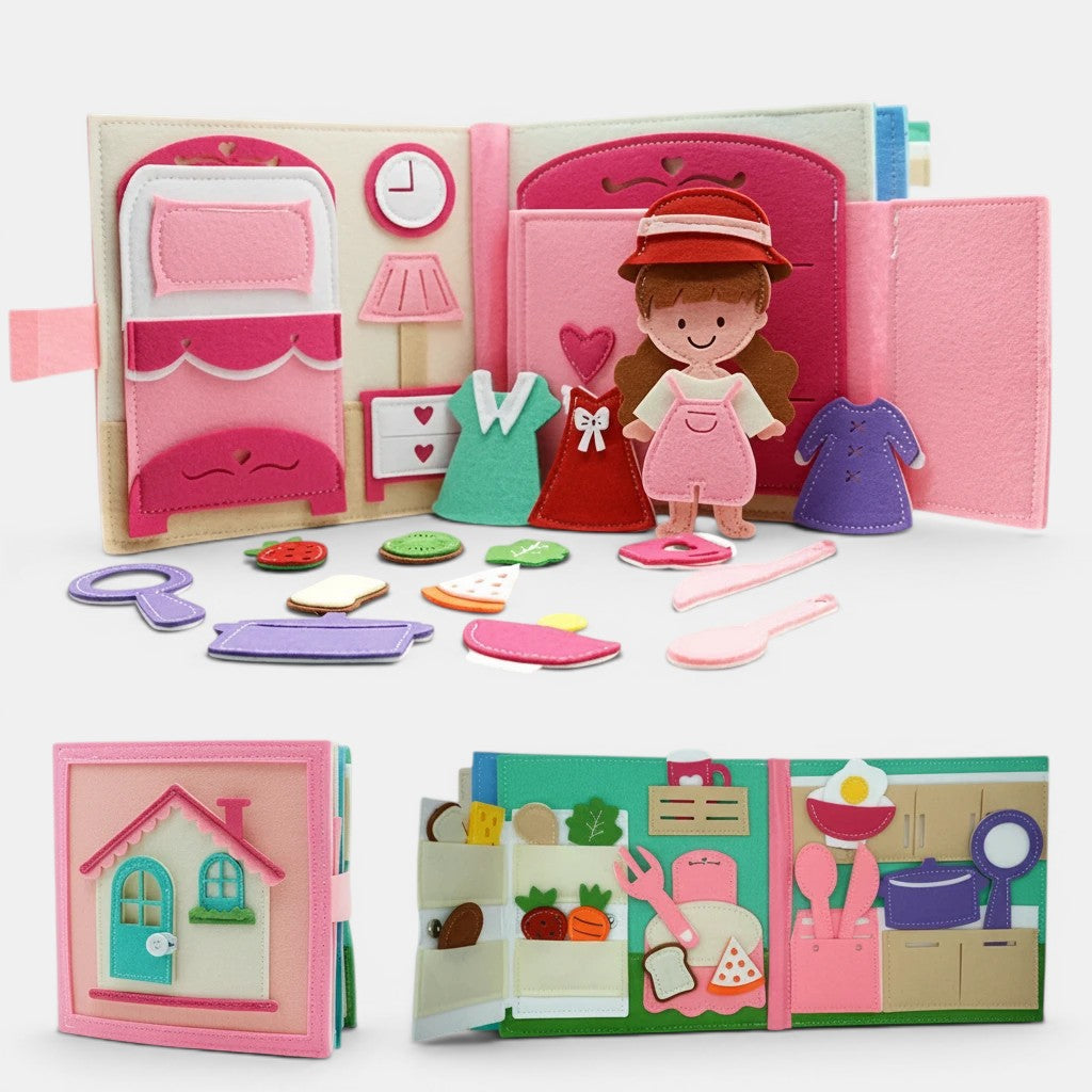 Livre d'activités Montessori en feutrine rose et beige, avec une poupée, des vêtements, des aliments et des scènes de vie quotidienne.