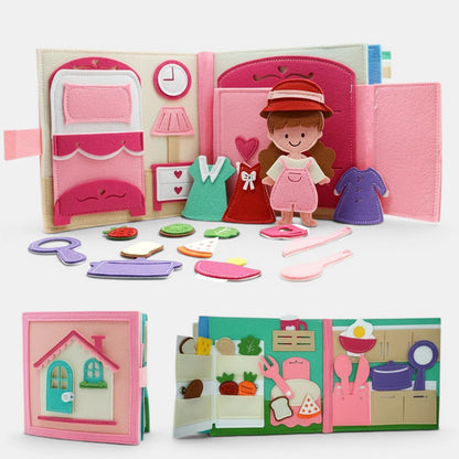 Livre d'activités Montessori en feutrine rose et beige, avec une poupée, des vêtements, des aliments et des scènes de vie quotidienne.