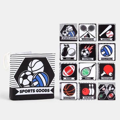 Livre d'activités Petit Éveil Montessori avec des illustrations de sports en noir et blanc, idéal pour l'éveil sensoriel.