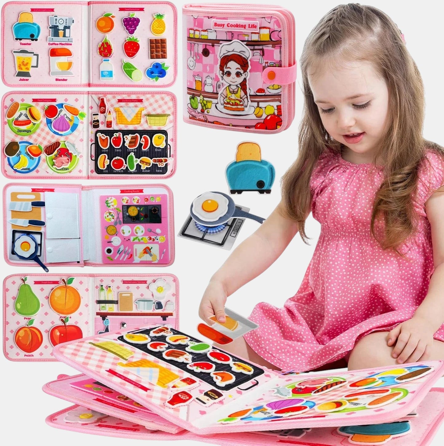 Livre d'activités Montessori Petit Éveil Montessori sur la vie quotidienne, cuisine et aliments, pour enfants.
