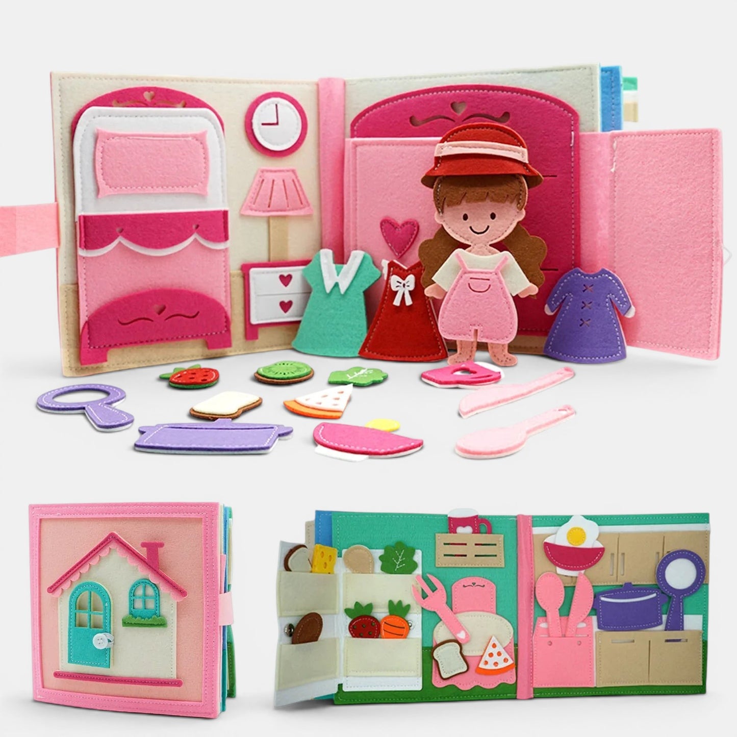 Livre d'activités Montessori en feutrine pour la vie quotidienne, avec une poupée, des vêtements, des aliments et des scènes de maison et de cuisine.