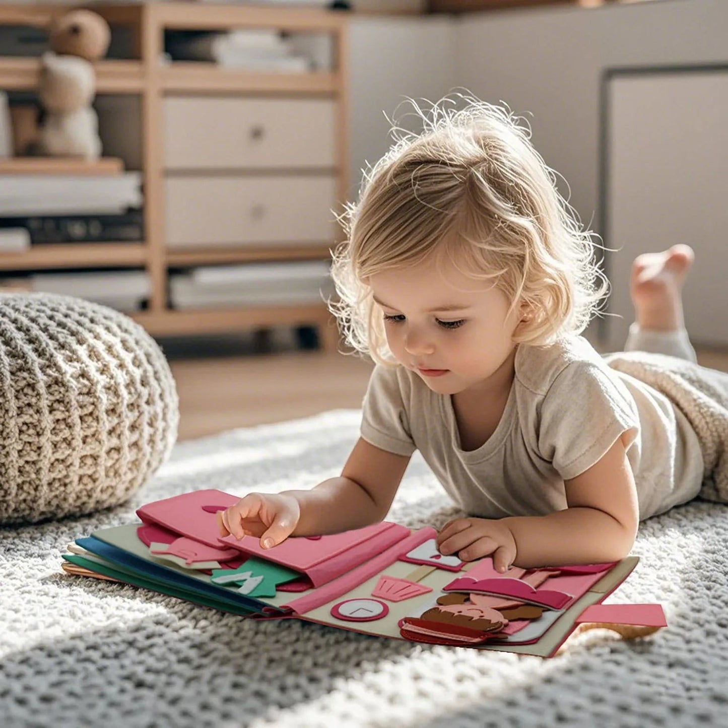 Livre Montessori d’Activités Vie Quotidienne Petit Éveil Montessori, livre en feutrine rose pour apprendre en s'amusant.