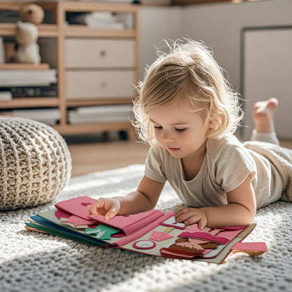 Livre Montessori d’Activités Vie Quotidienne Petit Éveil Montessori, livre en feutrine rose pour apprendre en s'amusant.