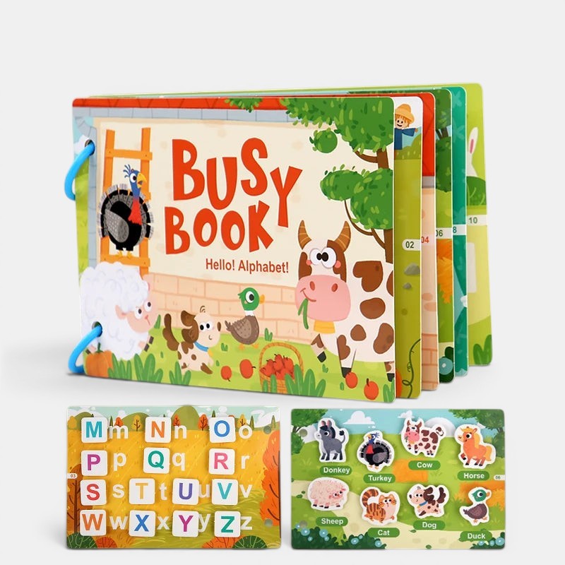 Livre sensoriel Montessori Petit Éveil Montessori avec des animaux de ferme et l'alphabet pour l'éveil des tout-petits.