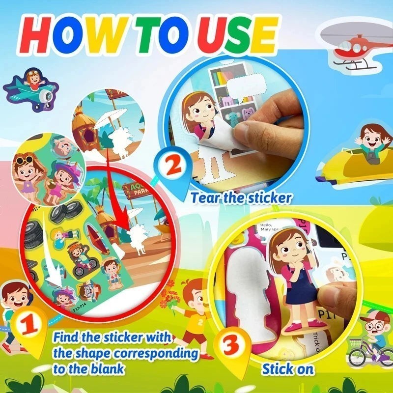 Petit Éveil Montessori : Instructions pour livre autocollant, étapes 1, 2, 3. Illustrations colorées d'enfants et d'autocollants.