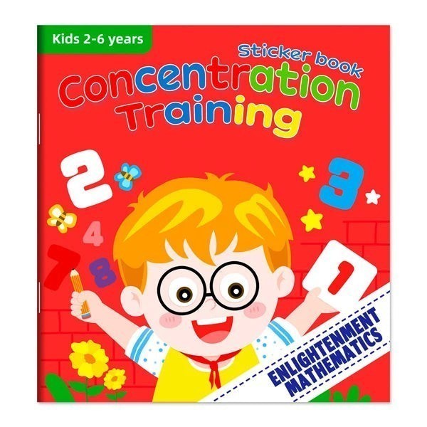 Livre d'autocollants Petit Éveil Montessori pour l'entraînement à la concentration, pour enfants de 2 à 6 ans, avec illustrations de chiffres et d'un garçon joyeux.