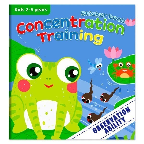 Livre autocollants Petit Éveil Montessori pour enfants de 2 à 6 ans, entraînement à la concentration avec une grenouille, des têtards et un crabe.