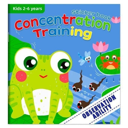 Livre autocollants Petit Éveil Montessori pour enfants de 2 à 6 ans, entraînement à la concentration avec une grenouille, des têtards et un crabe.
