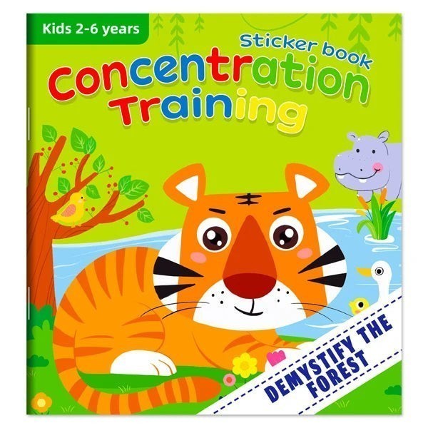 Livre d'autocollants Petit Éveil Montessori pour enfants de 2 à 6 ans, entraînement à la concentration avec un tigre, un hippopotame et des canards.