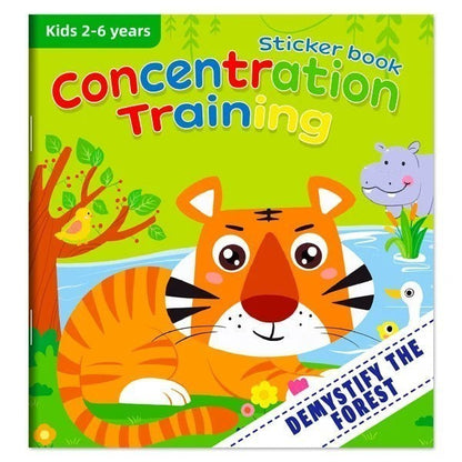 Livre d'autocollants Petit Éveil Montessori pour enfants de 2 à 6 ans, entraînement à la concentration avec un tigre, un hippopotame et des canards.