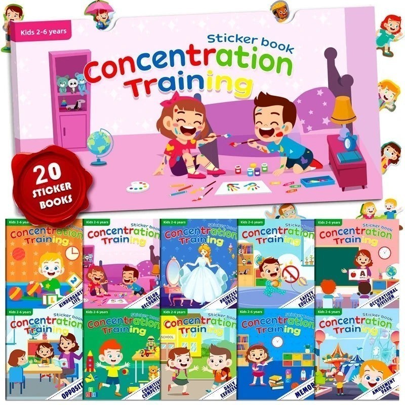 Lot de 20 livres autocollants "Concentration Training" pour enfants de 2 à 6 ans par Petit Éveil Montessori.