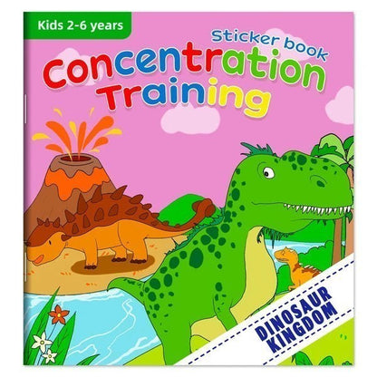 Livre autocollants Petit Éveil Montessori 'Concentration Training' pour enfants de 2 à 6 ans, avec des dinosaures et un volcan.