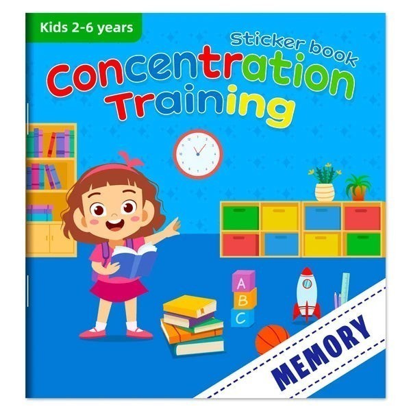 Livre Montessori autocollants "Concentration Training" pour enfants de 2 à 6 ans, avec une illustration de petite fille lisant.