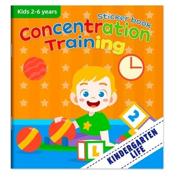 Livre autocollants "Concentration Training" pour enfants de 2-6 ans par Petit Éveil Montessori. Illustration d'un enfant jouant avec des balles et des blocs.