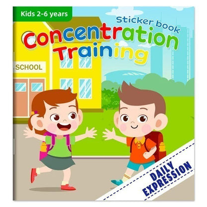 Livre autocollants "Concentration Training" pour enfants de 2 à 6 ans, par Petit Éveil Montessori. Illustration de deux enfants joyeux devant une école.