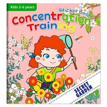 Livre autocollants "Concentration Training" pour enfants de 2 à 6 ans, par Petit Éveil Montessori. Illustration d'une fille attrapant des insectes.