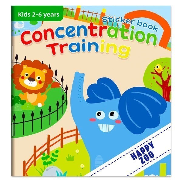 Livre d'autocollants Petit Éveil Montessori Concentration Training pour enfants de 2 à 6 ans, avec un éléphant bleu et un lion.