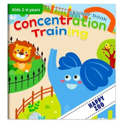 Livre d'autocollants Petit Éveil Montessori Concentration Training pour enfants de 2 à 6 ans, avec un éléphant bleu et un lion.
