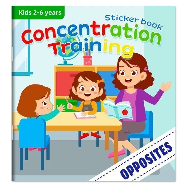 Livre autocollants "Concentration Training" pour enfants de 2 à 6 ans, par Petit Éveil Montessori. Scène éducative avec une enseignante et deux enfants.