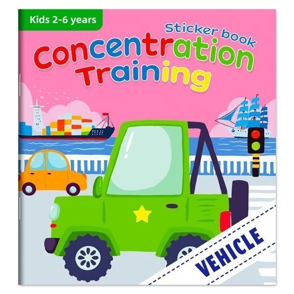 Livre autocollants Petit Éveil Montessori "Concentration Training" pour enfants de 2 à 6 ans, thème véhicules.