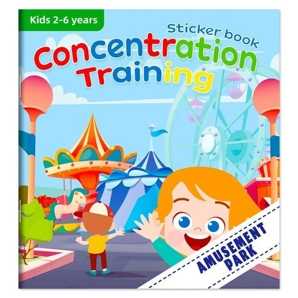 Livre d'autocollants Petit Éveil Montessori "Concentration Training" pour enfants de 2 à 6 ans, scène de parc d'attractions.