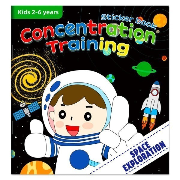 Livre d'autocollants Petit Éveil Montessori sur l'entraînement à la concentration, thème espace, pour enfants de 2 à 6 ans.