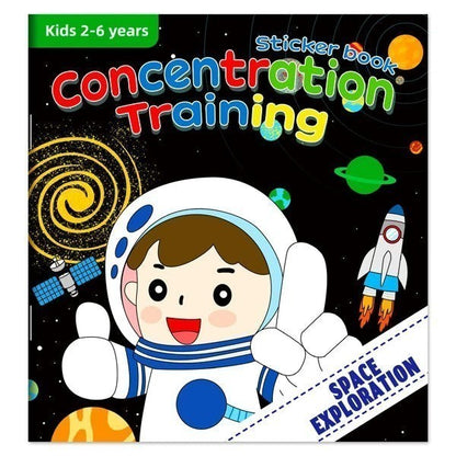 Livre d'autocollants Petit Éveil Montessori sur l'entraînement à la concentration, thème espace, pour enfants de 2 à 6 ans.