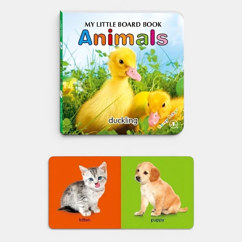 Petit Éveil Montessori : livre cartonné avec des canetons, un chaton et un chiot pour l'éveil sensoriel des bébés.