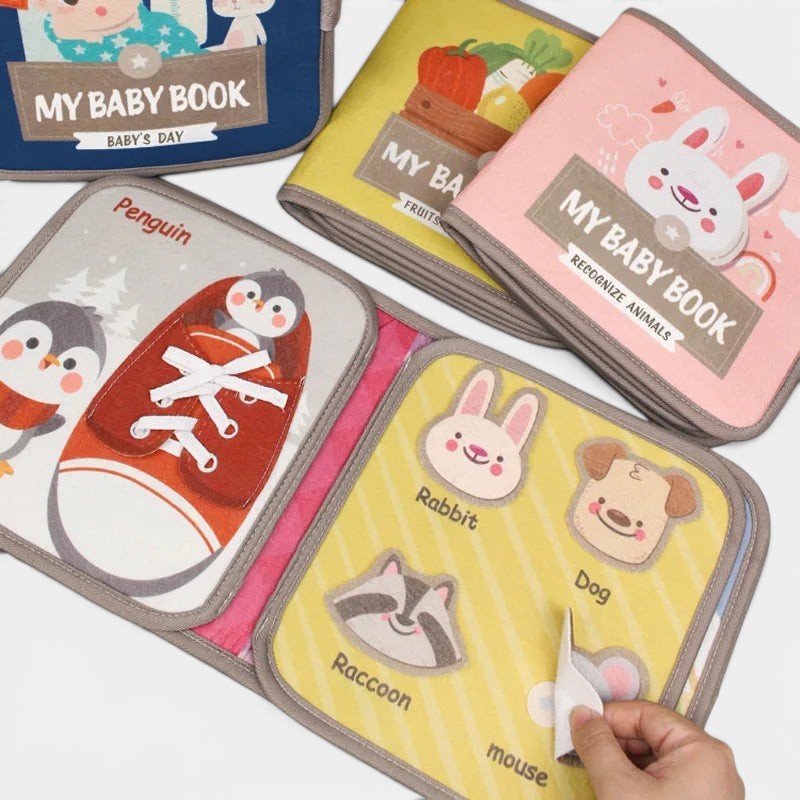 Livre Montessori Petit Éveil Montessori sur les animaux, avec des pages colorées et interactives pour bébés.