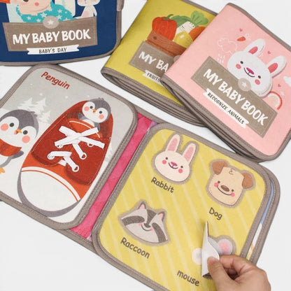 Livre Montessori Petit Éveil Montessori sur les animaux, avec des pages colorées et interactives pour bébés.