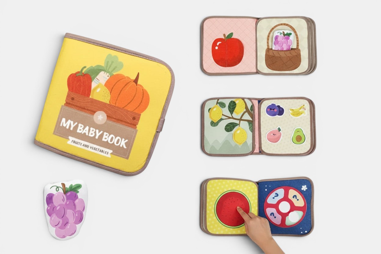 Livre Montessori Petit Éveil Montessori sur les fruits et légumes, tissu doux, pages interactives pour bébés.