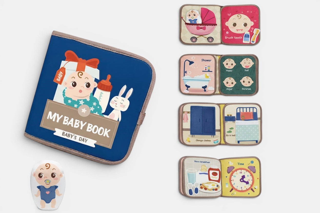 Livre Montessori Petit Éveil Montessori en tissu bleu avec illustrations d'un bébé, d'une sucette et d'un lapin. Pages intérieures montrant des scènes de vie quotidienne.