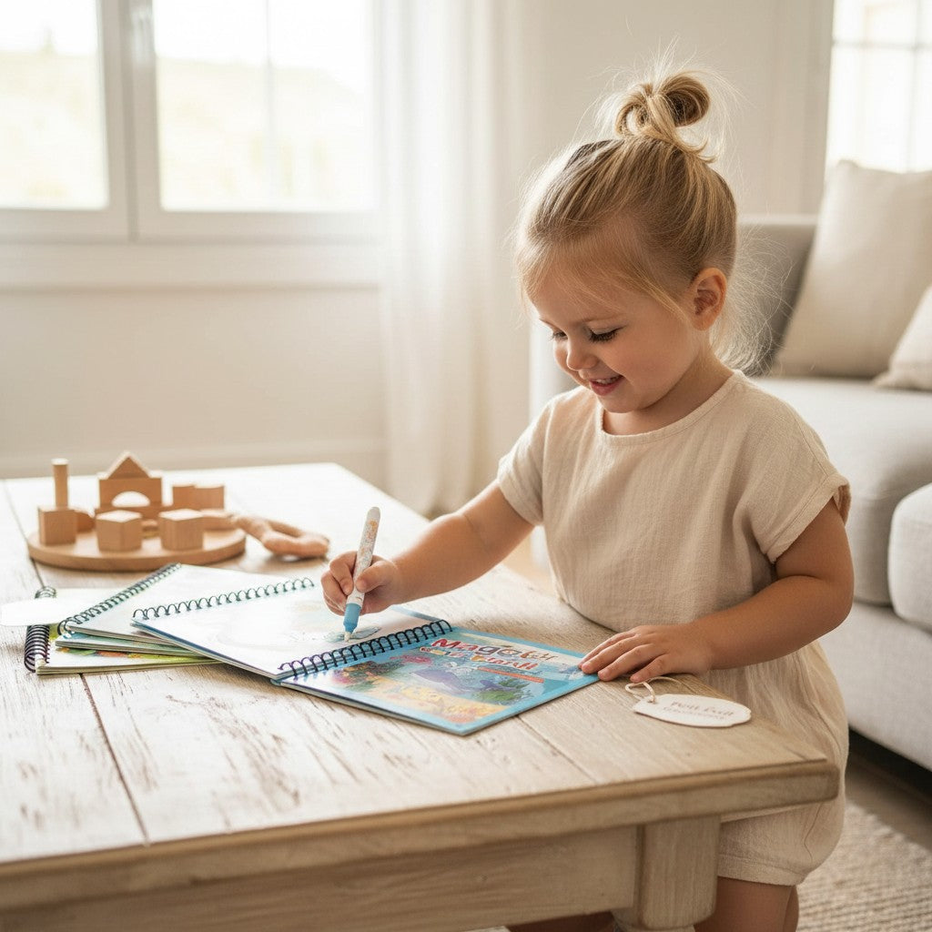 Livre de coloriage magique à l'eau Petit Éveil Montessori avec un enfant coloriant une fusée. Couleurs vives.