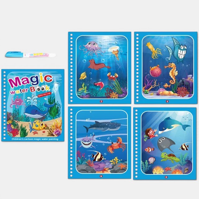 Livre de coloriage magique réutilisable Petit Éveil Montessori avec scènes marines et animaux marins colorés. Stylo à eau inclus.