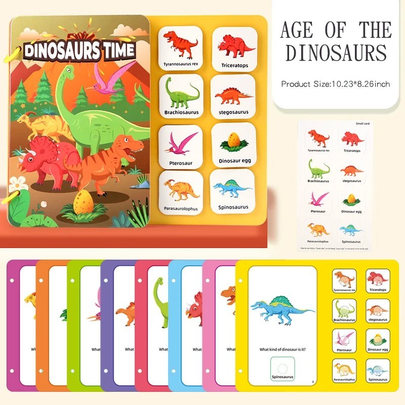 Livre sensoriel Montessori sur le thème des dinosaures, avec des cartes illustrant différents dinosaures et leurs noms.