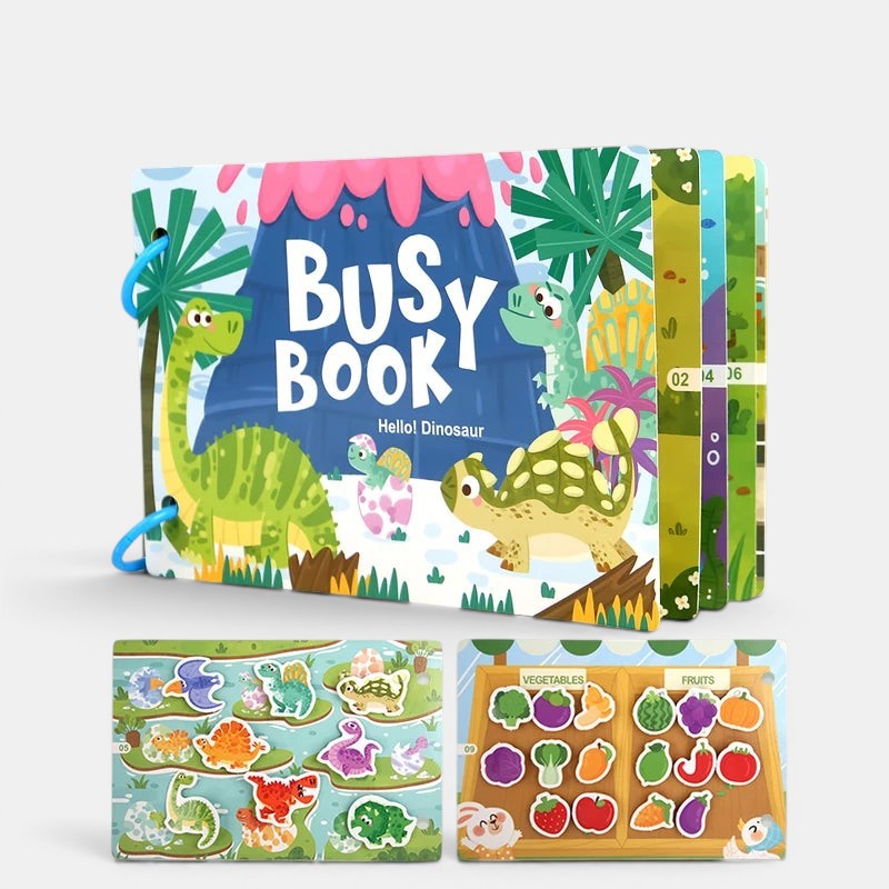 Livre sensoriel Montessori Petit Éveil Montessori avec dinosaures et volcans, idéal pour l'éveil et la motricité.