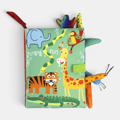Livre d'éveil Petit Éveil Montessori en tissu avec animaux de la jungle : éléphant, girafe, tigre, crocodile, serpent, oiseau et papillon.