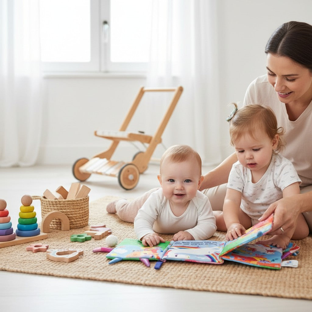 Livre d'éveil en tissu Petit Éveil Montessori avec des licornes colorées, idéal pour les bébés.