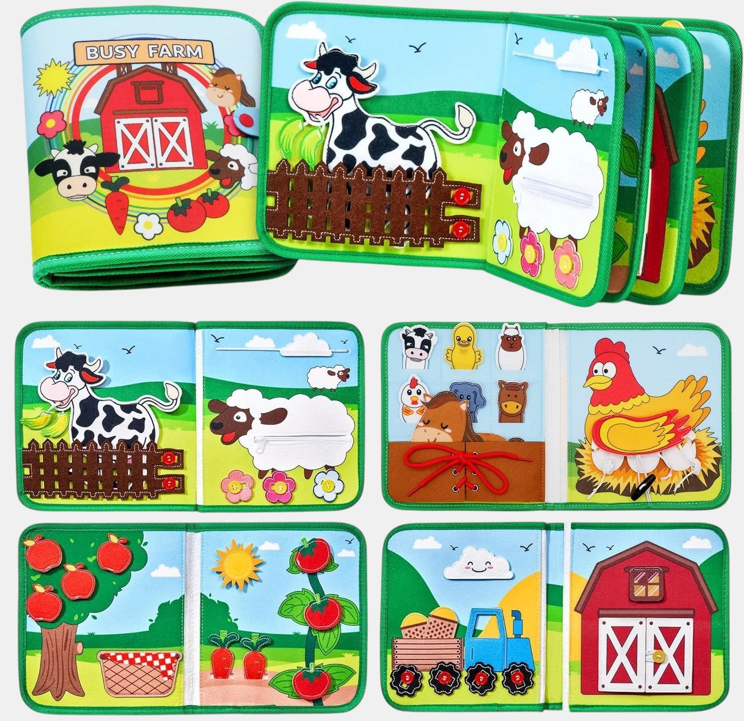 Livre d'activités Montessori Petit Éveil Montessori sur le thème de la ferme, avec ferme, animaux et légumes.