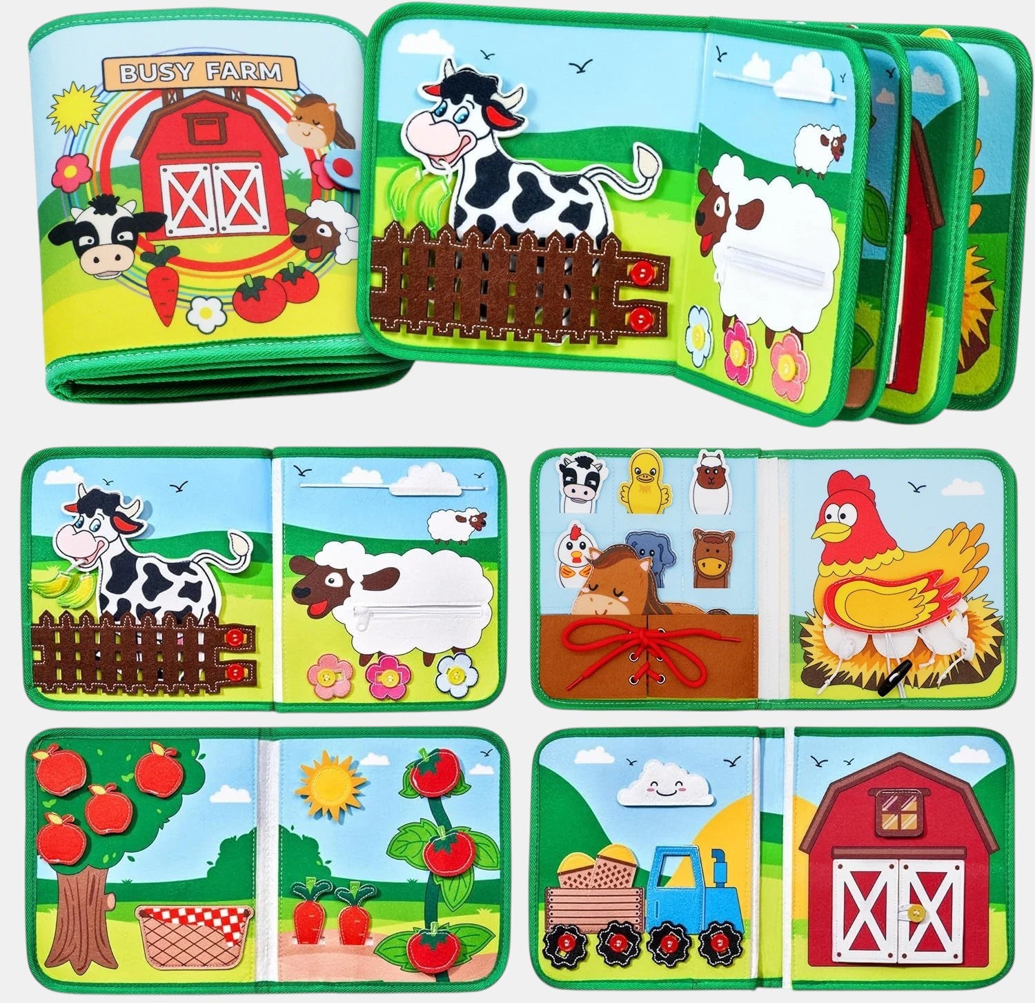 Livre d'activités Montessori Petit Éveil Montessori sur le thème de la ferme, avec ferme, animaux et légumes.