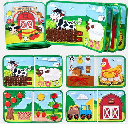 Livre d'activités Montessori Petit Éveil Montessori sur le thème de la ferme, avec ferme, animaux et légumes.
