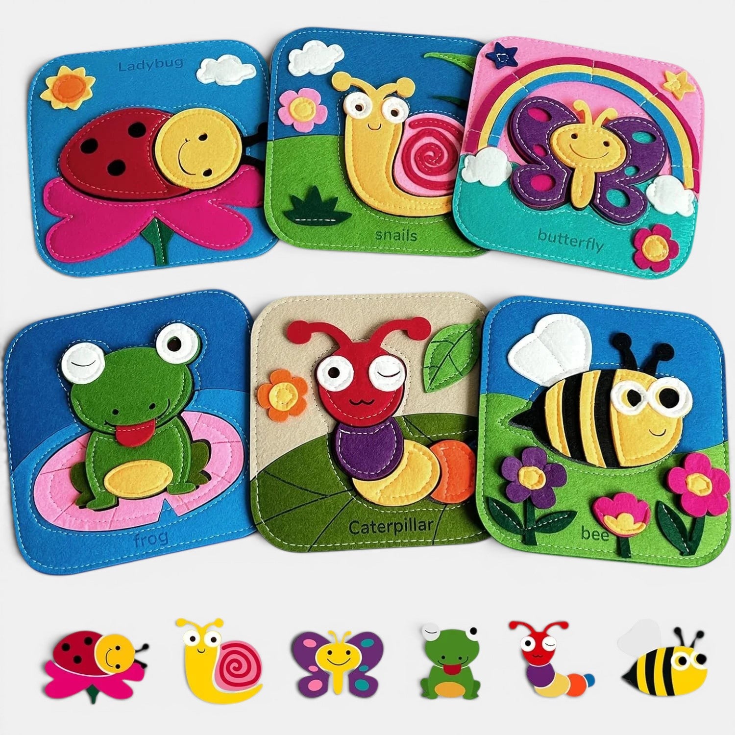 Livre sensoriel Montessori en feutrine avec des animaux colorés : coccinelle, escargot, papillon, grenouille, chenille, abeille.
