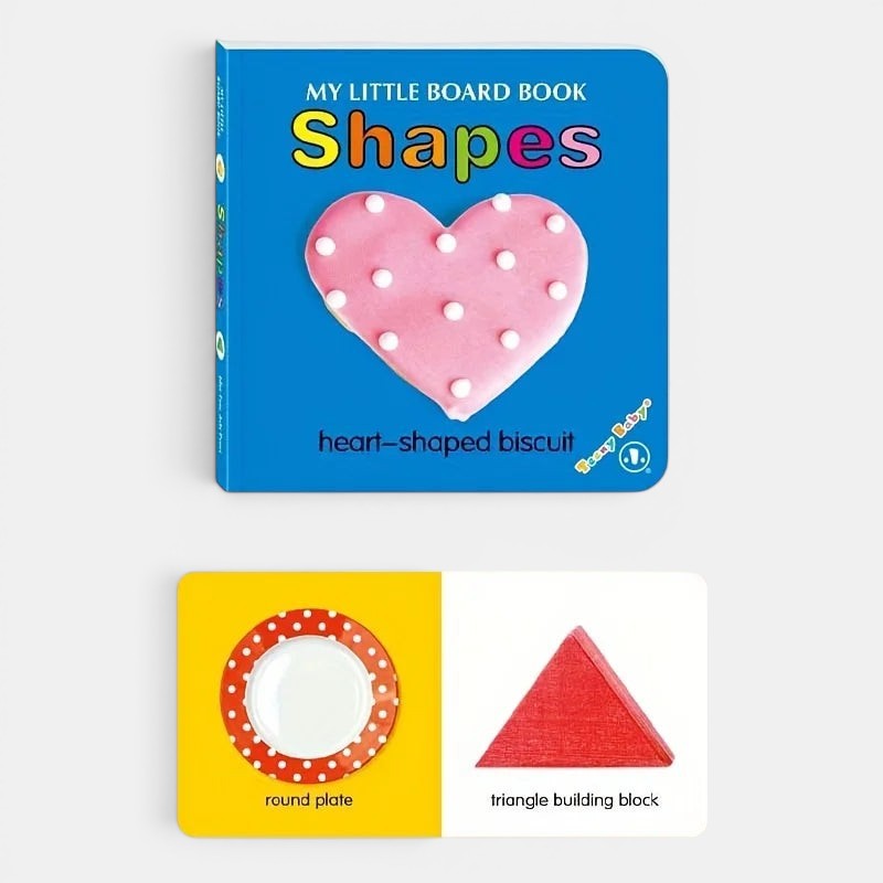 Petit Éveil Montessori : livre cartonné "Shapes" avec biscuit en forme de cœur rose à pois blancs et pages intérieures montrant une assiette ronde et un bloc de construction triangulaire rouge.