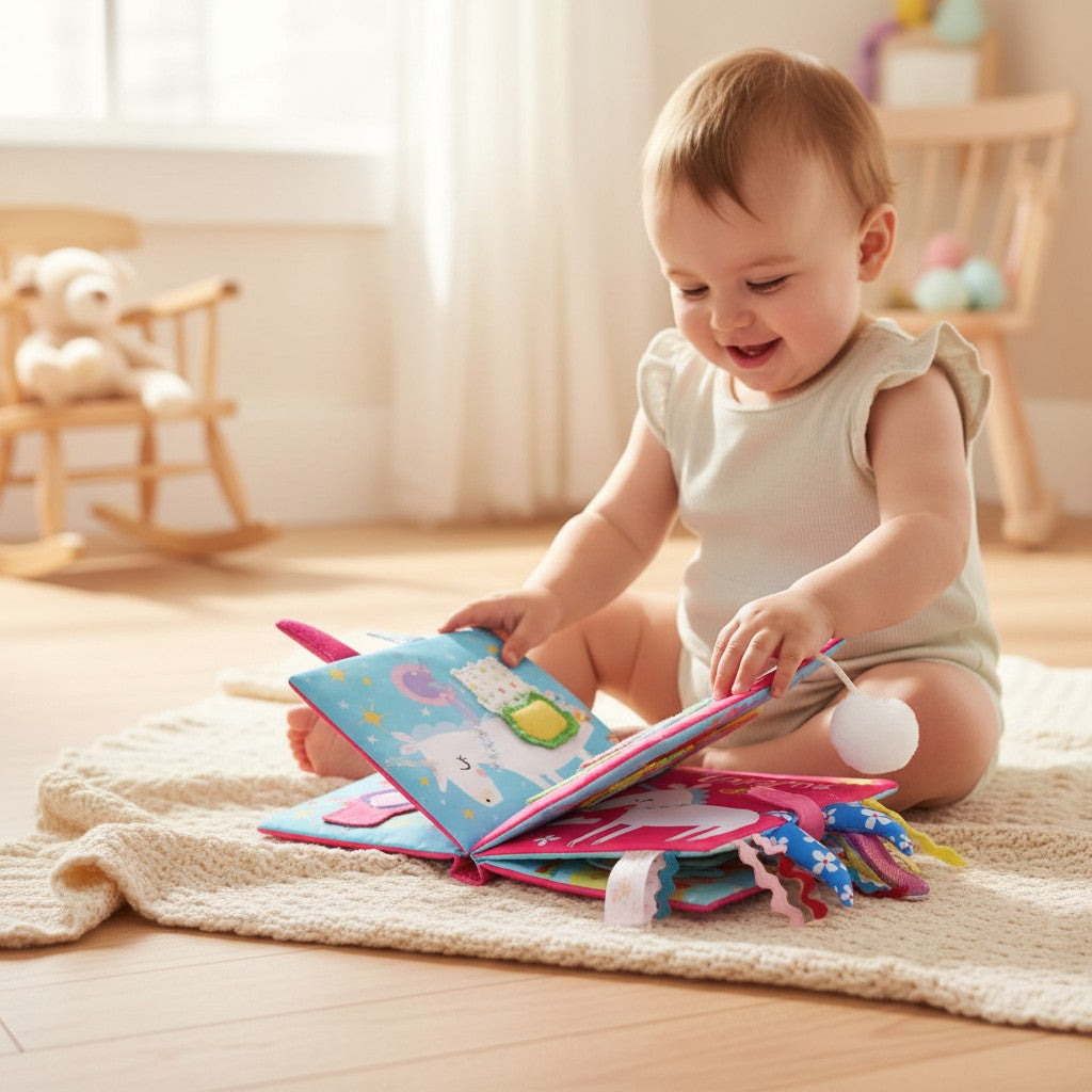 Livre en tissu Petit Éveil Montessori "Magical Unicorns" rose avec une licorne blanche, des étoiles et des rubans colorés.