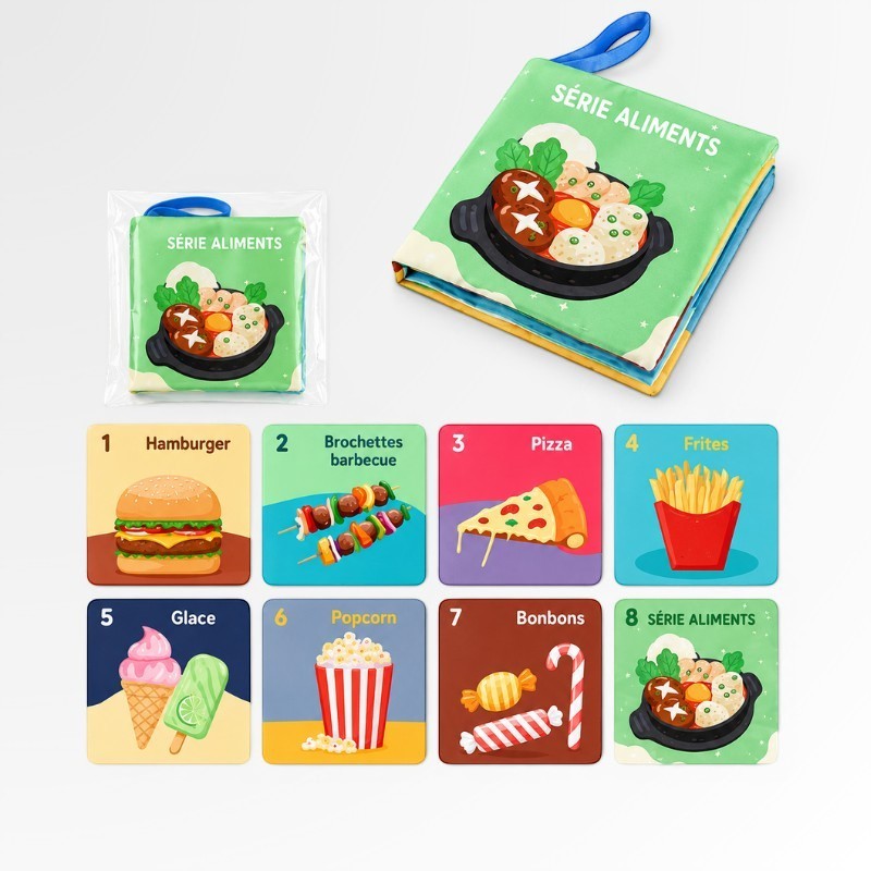 Livre Montessori "Série Aliments" de Petit Éveil Montessori, avec des illustrations de hamburger, brochettes, pizza, frites, glace, popcorn et bonbons.