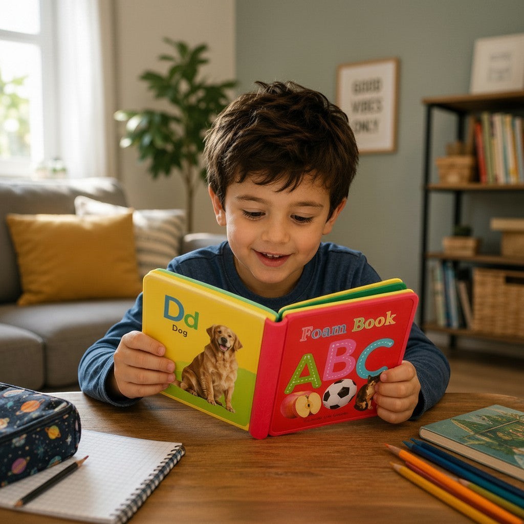Petit Éveil Montessori : livre en mousse interactif pour enfants, pages colorées avec ABC et animaux, idéal pour l'apprentissage sensoriel.
