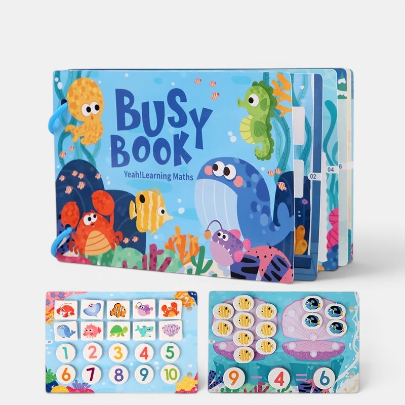 Livre sensoriel Montessori Petit Éveil Montessori avec des animaux marins et des chiffres pour l'apprentissage des maths.