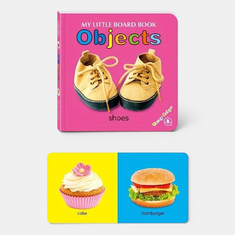 Petit Éveil Montessori : livre cartonné rose avec des chaussures beiges et des cartes d'objets (gâteau, hamburger). Idéal pour l'éveil sensoriel.