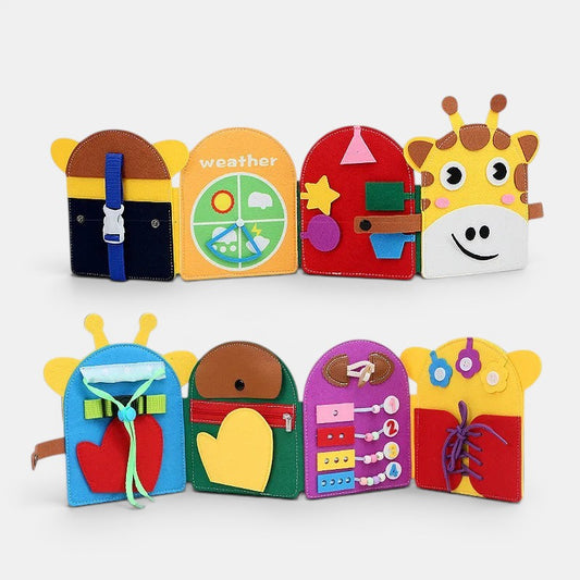 Livre sensoriel Montessori Petit Éveil Montessori avec activités sur les couleurs, les animaux et la météo.