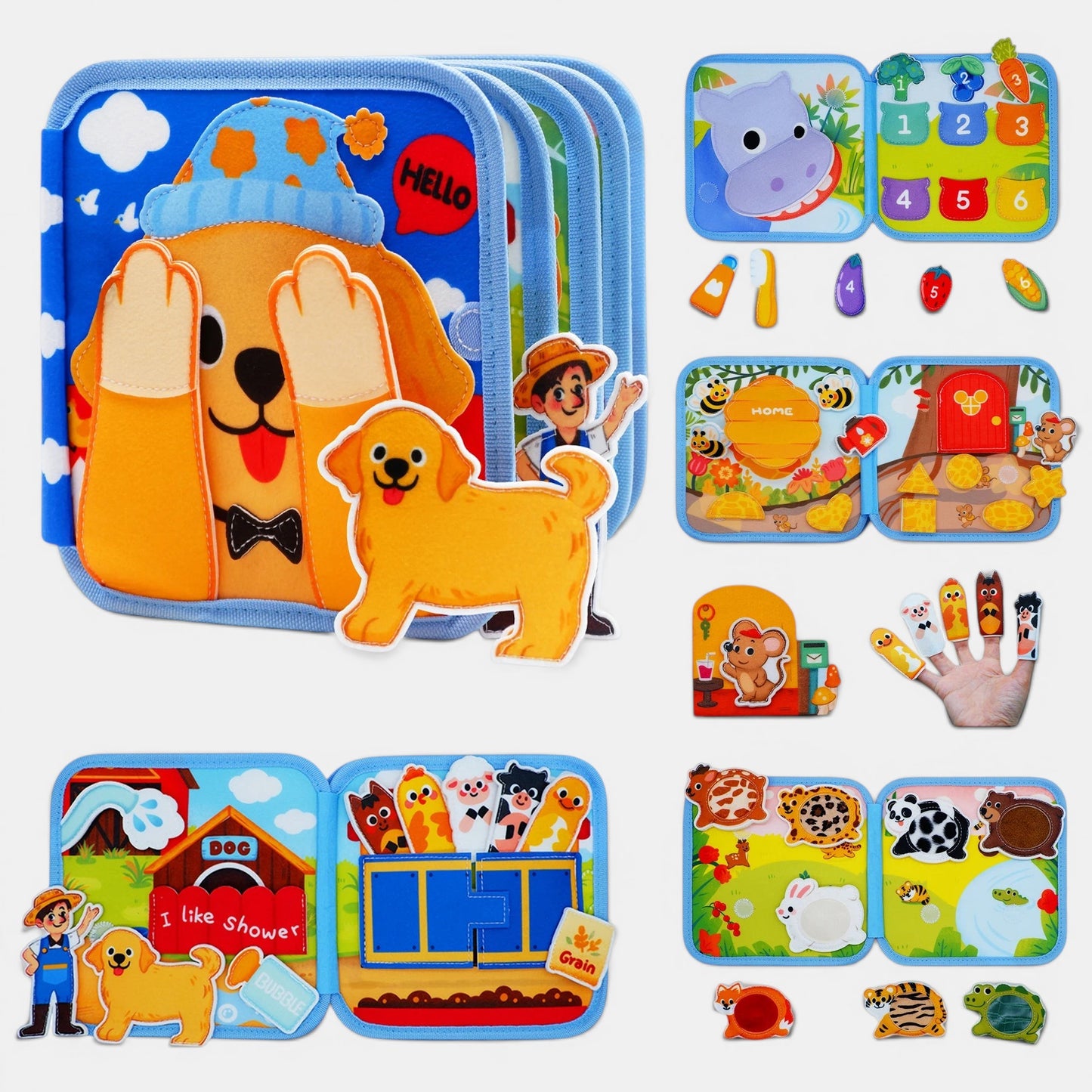 Livre sensoriel Montessori Petit Éveil Montessori avec des animaux, des chiffres et des activités d'apprentissage des couleurs.